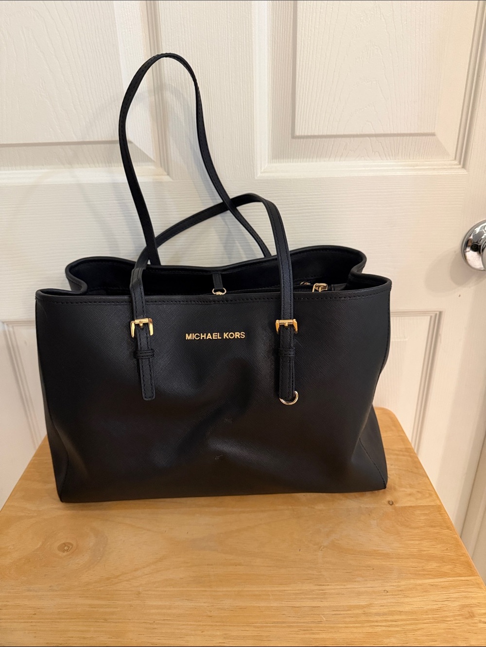 Michael Kors Large Black Leather Bag with Gold Accents